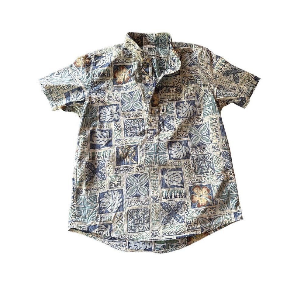 Catch Surf Blue Polynesian Hawaiian Tiki Island Print Pop over Shirt Size Small